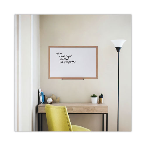 Image of Universal® Deluxe Melamine Dry Erase Board, 36" x 24", White Surface, Oak Finished Fiberboard (MDF) Frame