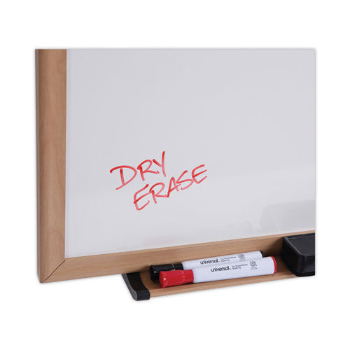 Image of Universal® Deluxe Melamine Dry Erase Board, 36" x 24", White Surface, Oak Finished Fiberboard (MDF) Frame