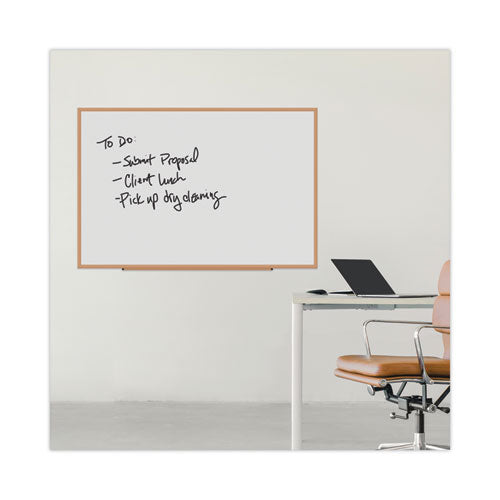 Image of Universal® Deluxe Melamine Dry Erase Board, 72" x 48", White Surface, Oak Finished Fiberboard (MDF) Frame