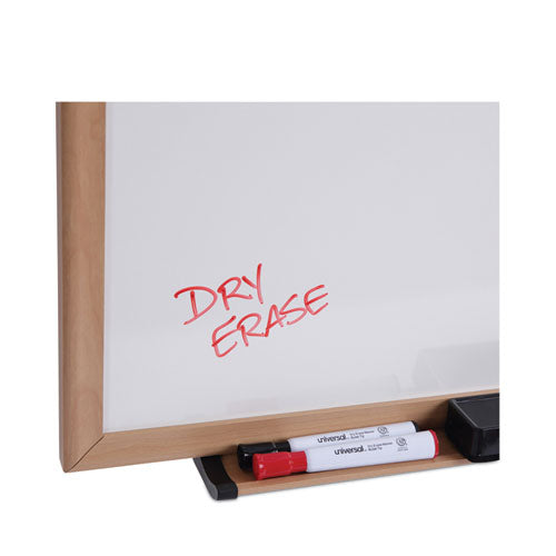 Image of Universal® Deluxe Melamine Dry Erase Board, 72" x 48", White Surface, Oak Finished Fiberboard (MDF) Frame