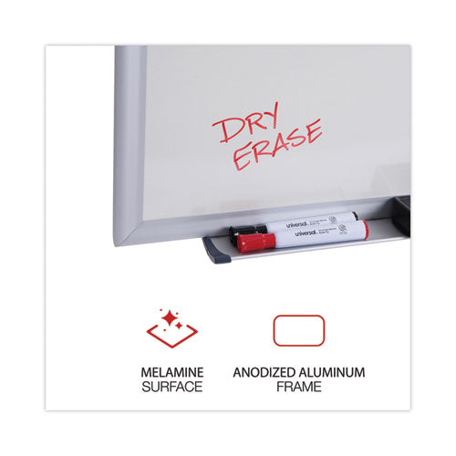 Image of Universal® Deluxe Melamine Dry Erase Board, 60" x 36", White Surface, Anodized Aluminum Frame