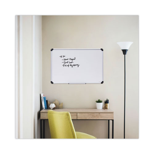 Image of Universal® Deluxe Porcelain Magnetic Dry Erase Board, 36" x 24", White Surface, Silver/Black Aluminum Frame