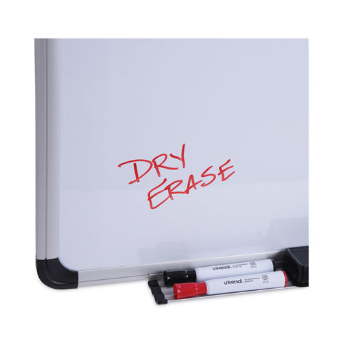 Image of Universal® Deluxe Porcelain Magnetic Dry Erase Board, 48" x 36", White Surface, Silver/Black Aluminum Frame