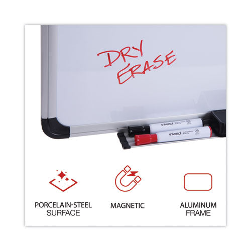 Image of Universal® Deluxe Porcelain Magnetic Dry Erase Board, 72" x 48", White Surface, Silver/Black Aluminum Frame