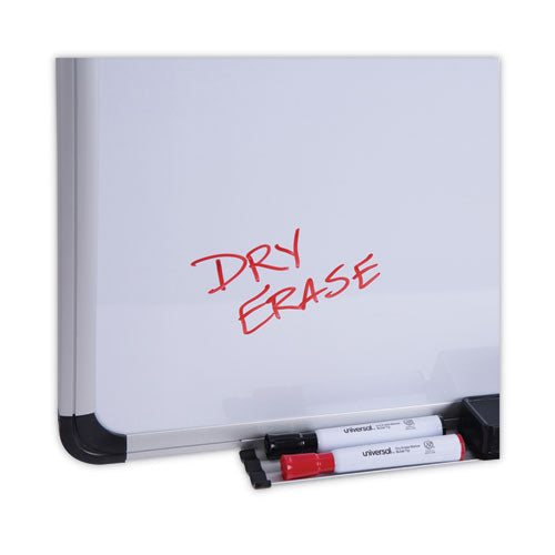Image of Universal® Deluxe Porcelain Magnetic Dry Erase Board, 72" x 48", White Surface, Silver/Black Aluminum Frame