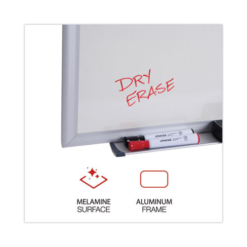 Image of Universal® Deluxe Melamine Dry Erase Board, 48" x 36", White Surface, Satin Aluminum Frame