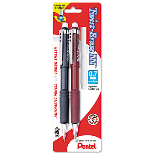 Image of Pentel® Twist-Erase III Mechanical Pencil, 0.7 mm, HB (#2), Black Lead, Assorted Barrel Colors, 2/Pack