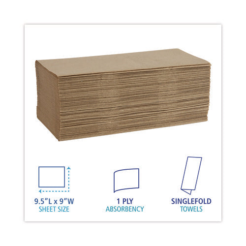 Image of Boardwalk® Singlefold Paper Towels, 1-Ply, 9 x 9.45, Natural, 250/Pack, 16 Packs/Carton