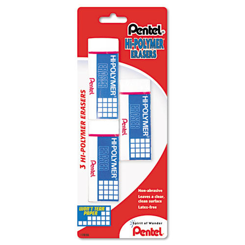 Image of Pentel® Hi-Polymer Eraser, For Pencil Marks, Rectangular Block, Medium, White, 3/pack