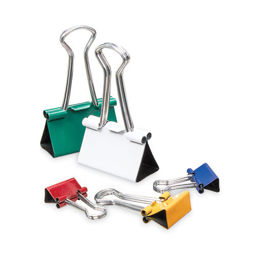 Image of Universal® Binder Clips with Storage Tub, (12) Mini (0.5"), (12) Small (0.75"), (6) Medium (1.25"), Assorted Colors