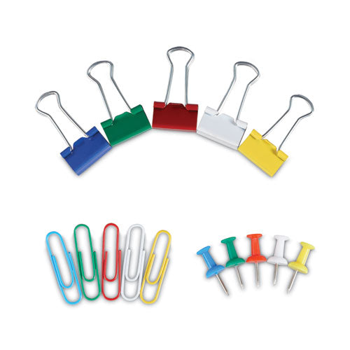 Image of Universal® Combo Clip Pack with 3-Tier Organizer Tub, (380) Small Paper Clips, (280) Push Pins, (46) Small Binder Clips, Assorted Colors