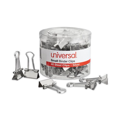 Image of Universal® Binder Clips with Storage Tub, Small, Silver, 40/Pack