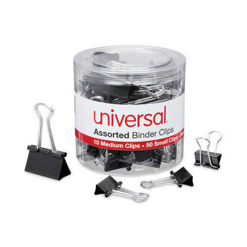 Image of Universal® Binder Clips with Storage Tub, (50) Small (0.75"), (10) Medium (1.25"), Black/Silver