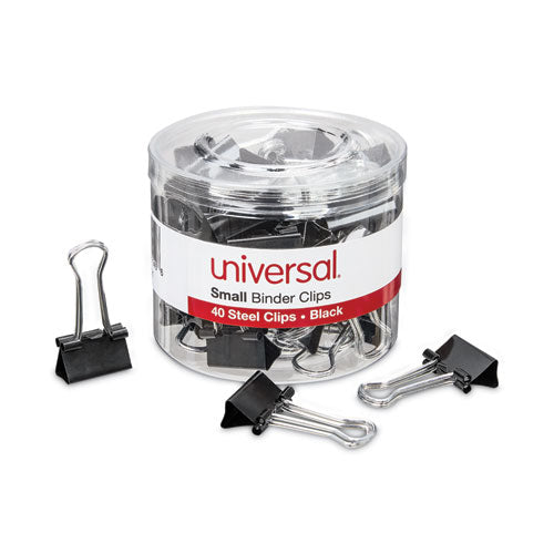 Image of Universal® Binder Clips with Storage Tub, Small, Black/Silver, 40/Pack