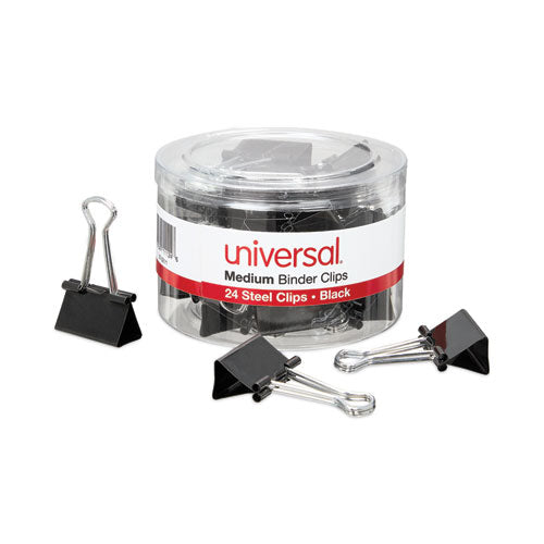 Image of Universal® Binder Clips with Storage Tub, Medium, Black/Silver, 24/Pack