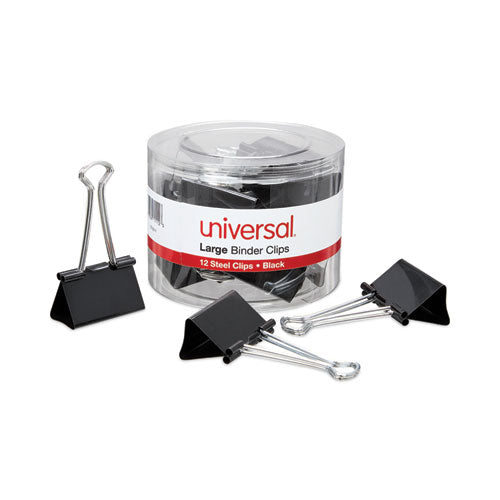 Image of Universal® Binder Clips with Storage Tub, Large, Black/Silver, 12/Pack