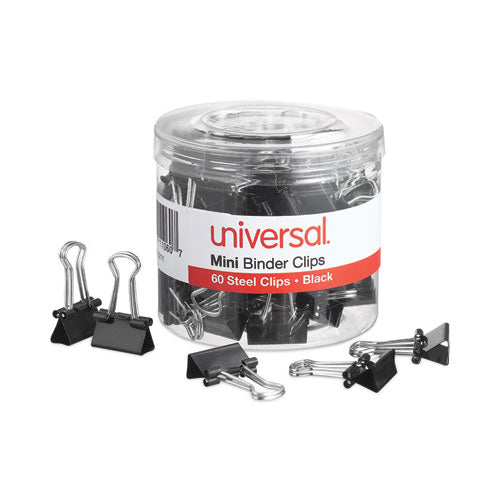 Image of Universal® Binder Clips with Storage Tub, Mini, Black/Silver, 60/Pack
