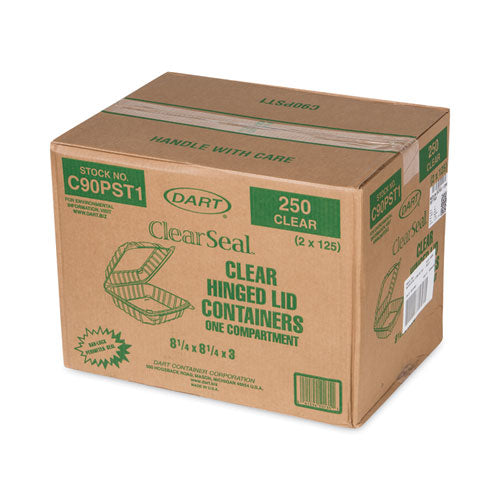 Image of Dart® ClearSeal Hinged-Lid Plastic Containers, 8.3 x 8.3 x 3, Clear, Plastic, 250/Carton