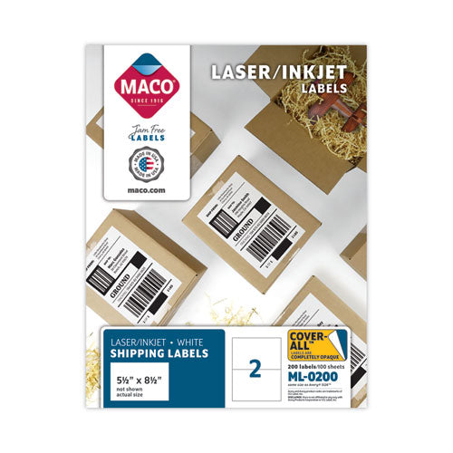 Image of MACO® Cover-All Opaque Laser/inkjet Shipping Labels, Internet Format, 5.5 X 8.5, White, 2 Labels/sheet, 100 Sheets/box