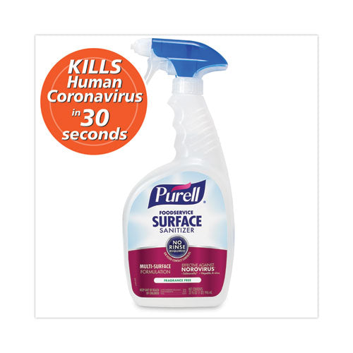 Image of PURELL® Foodservice Surface Sanitizer, Fragrance Free, 32 oz Capped Bottle with Spray Trigger Included in Carton, 6/Carton