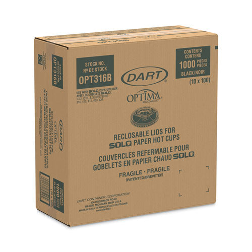 Image of Dart® Optima Reclosable Lids for Hot Paper Cups, Fits 10 oz to 24 oz Hot Cups, Plastic, Black, 1,000/Carton