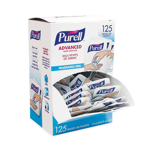 Image of PURELL® Advanced Hand Sanitizer Single Use, Gel , 1.2 mL, Packet, Fragrance-Free, 125/Box, 12 Box/Carton