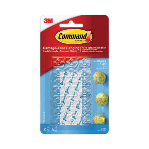 Image of Command Clear Hooks and Strips, Decorating Clips, Plastic, 0.1 lb Capacity, 20 Clips and 24 Strips/Pack