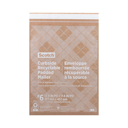 Image of Scotch Curbside Recyclable Padded Mailer, #6, Bubble Cushion, Self-Adhesive Closure, 13.75 x 20, Natural Kraft, 50/Carton