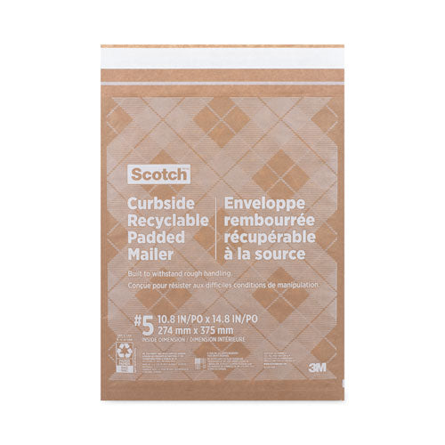 Image of Scotch Curbside Recyclable Padded Mailer, #5, Bubble Cushion, Self-Adhesive Closure, 12 x 17.25, Natural Kraft, 100/Carton