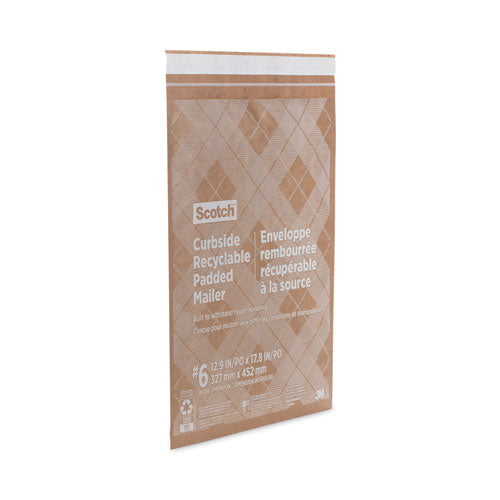 Image of Scotch Curbside Recyclable Padded Mailer, #6, Bubble Cushion, Self-Adhesive Closure, 13.75 x 20, Natural Kraft, 50/Carton