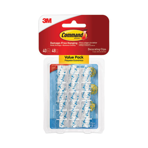 Image of Command Clear Hooks and Strips, Decorating Clips, Plastic, 0.15 lb Capacity, 40 Clips and 48 Strips/Pack