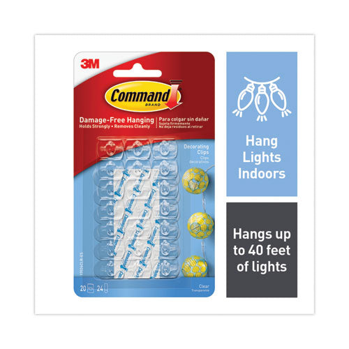 Image of Command Clear Hooks and Strips, Decorating Clips, Plastic, 0.1 lb Capacity, 20 Clips and 24 Strips/Pack