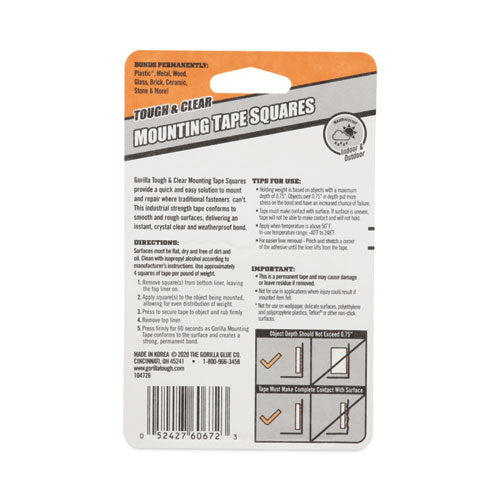 Image of Gorilla® Tough and Clear Double-Sided Mounting Tape Squares, Holds Up to 0.58 lb per Pair (Up to 7 lb per 24), 1" x 1", Clear, 24/Pack