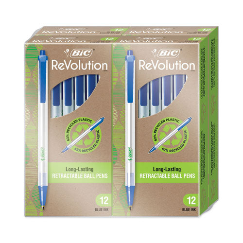 Image of BIC® ReVolution Clic Stic Ballpoint Pen, Retractable, Medium 1 mm, Blue Ink, Translucent Frost/Blue Barrel, 48/Pack