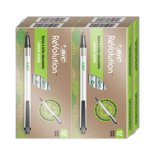 Image of BIC® ReVolution Clic Stic Ballpoint Pen, Retractable, Medium 1 mm, Black Ink, Translucent Frost/Black Barrel, 48/Pack