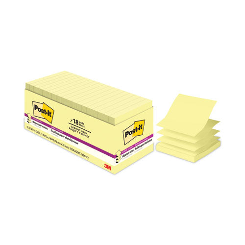 Image of Post-it® Dispenser Notes Super Sticky Pop-up 3 x 3 Note Refill, Cabinet Pack, 3" x 3", Canary Yellow, 90 Sheets/Pad, 18 Pads/Pack