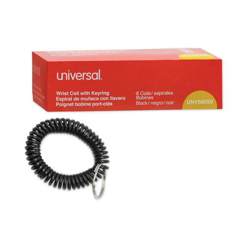 Image of Universal® Wrist Coil Plus Key Ring, Plastic, Black, 6/pack