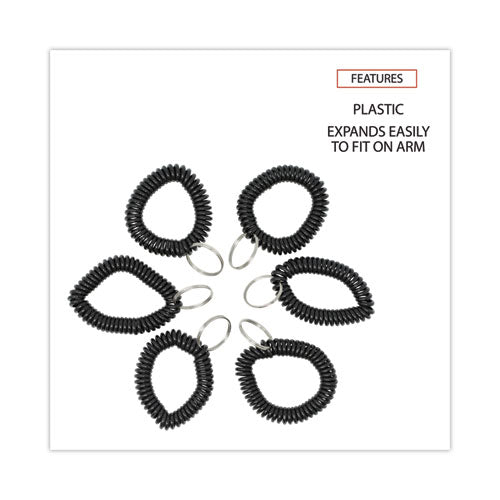 Image of Universal® Wrist Coil Plus Key Ring, Plastic, Black, 6/pack