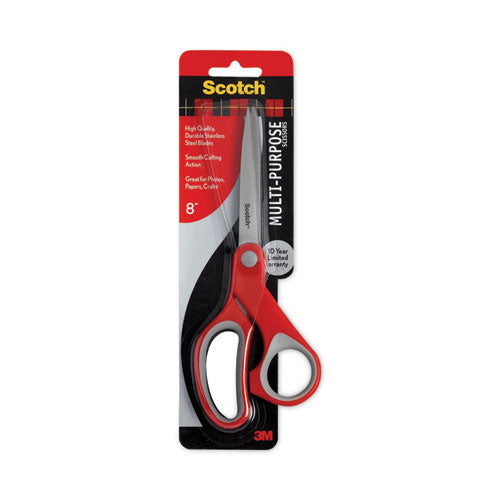 Image of Scotch® Multi-Purpose Scissors, 8" Long, 3.38" Cut Length, Straight Gray/Red Handle