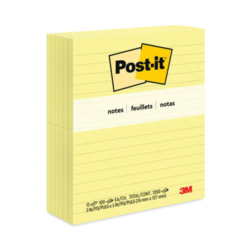 Image of Post-it® Notes Original Pads in Canary Yellow, Note Ruled, 3" x 5", 100 Sheets/Pad, 12 Pads/Pack
