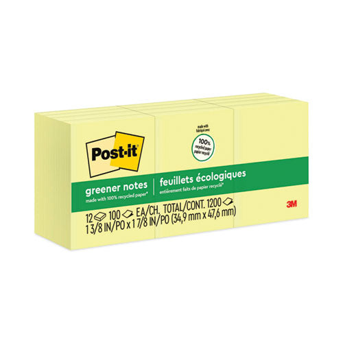 Image of Post-it® Greener Notes Original Recycled Note Pads, 1.5" x 2", Canary Yellow, 100 Sheets/Pad, 12 Pads/Pack