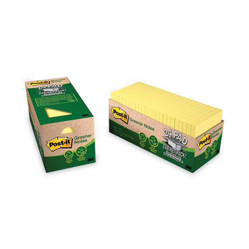 Image of Post-it® Greener Notes Original Recycled Note Pad Cabinet Pack, 3" x 3", Canary Yellow, 75 Sheets/Pad, 24 Pads/Pack