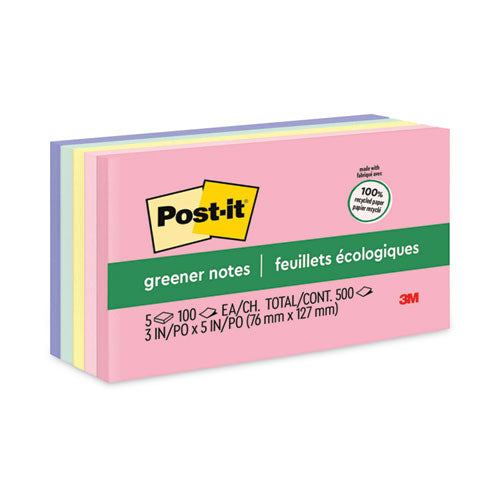 Image of Post-it® Greener Notes Original Recycled Note Pads, 3" x 5", Sweet Sprinkles Collection Colors, 100 Sheets/Pad, 5 Pads/Pack