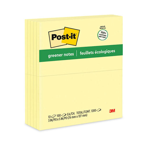 Image of Post-it® Greener Notes Original Recycled Note Pads, 3" x 5", Canary Yellow, 100 Sheets/Pad, 12 Pads/Pack