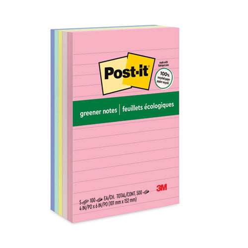 Image of Post-it® Greener Notes Original Recycled Note Pads, Note Ruled, 4" x 6", Sweet Sprinkles Collection Colors, 100 Sheets/Pad, 5 Pads/Pack