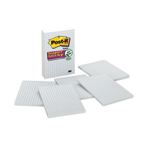Image of Post-it® Notes Super Sticky Grid Notes, Quad Ruled, 4" x 6", White, 50 Sheets/Pad, 6 Pads/Pack