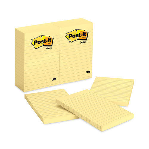 Image of Post-it® Notes Original Pads in Canary Yellow, Note Ruled, 4" x 6", 100 Sheets/Pad, 12 Pads/Pack