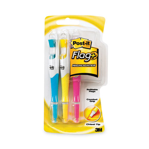 Image of Post-it® Flag+ Highlighter, Assorted Ink/flag Colors, Chisel Tip, Assorted Barrel Colors, 3/pack
