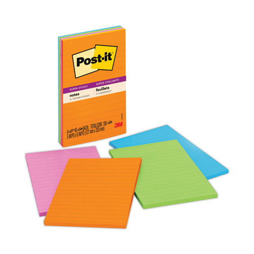 Image of Post-it® Notes Super Sticky Pads in Energy Boost Collection Colors, Note Ruled, 5" x 8", 45 Sheets/Pad, 4 Pads/Pack