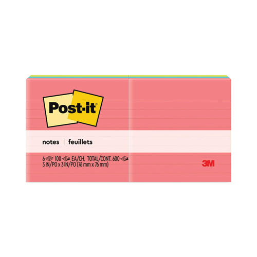 Image of Post-it® Notes Original Pads in Poptimistic Collection Colors, Note Ruled, 3" x 3", 100 Sheets/Pad, 6 Pads/Pack